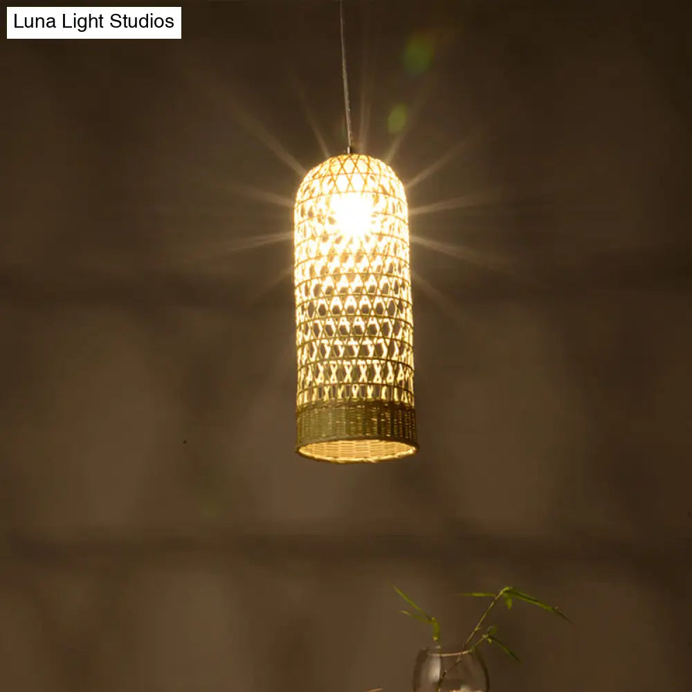 Japanese Hand Twisted Hanging Light Bamboo Pendant - 1 Head Suspended Fixture In Beige