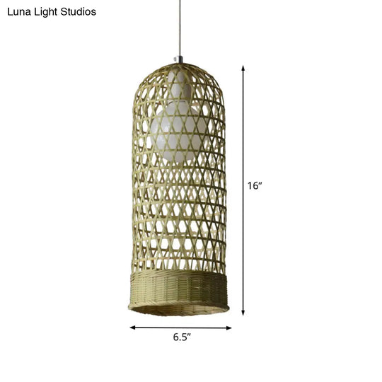 Japanese Hand Twisted Hanging Light Bamboo Pendant - 1 Head Suspended Fixture In Beige