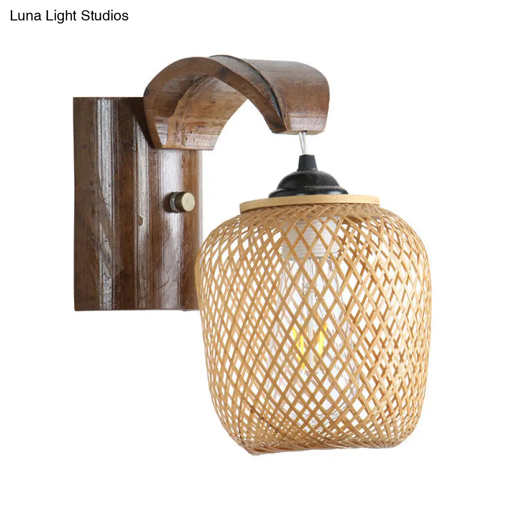 Japanese Hand Twisted Sconce Light In Brown With Bamboo Shade