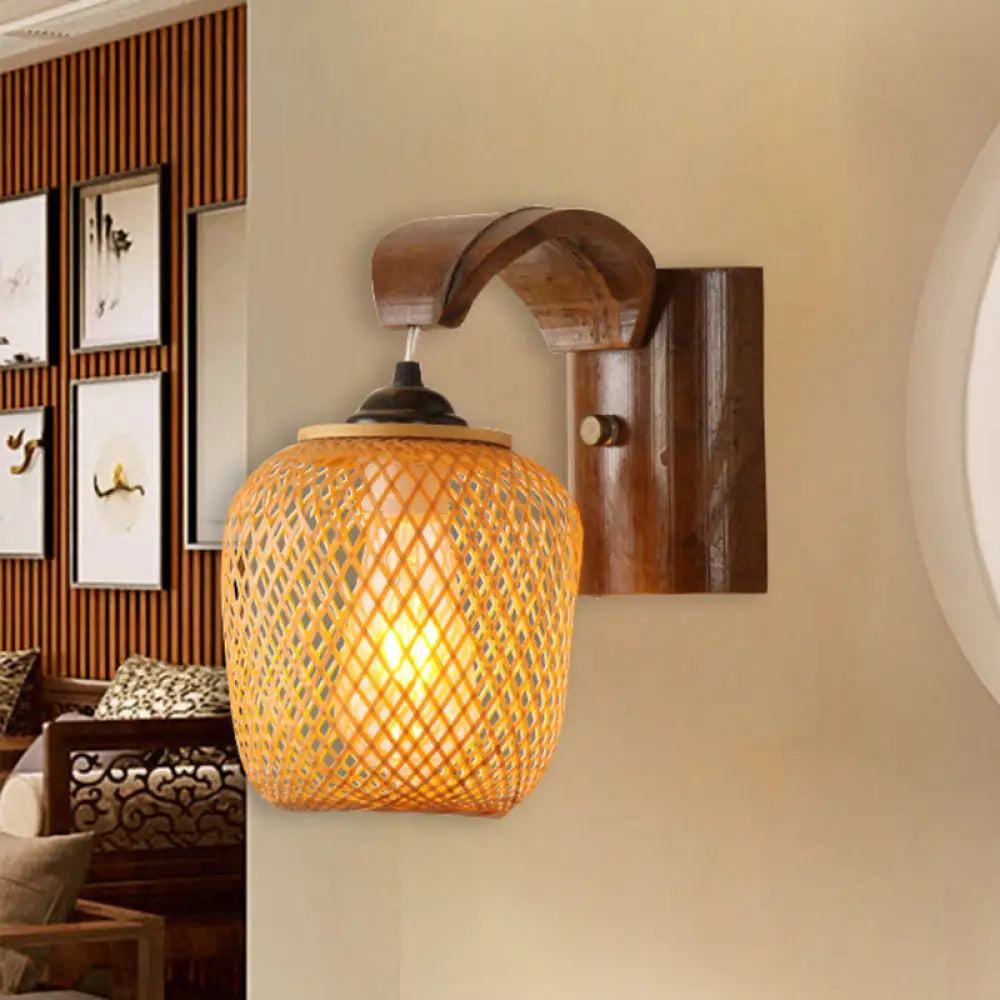 Japanese Hand Twisted Sconce Light In Brown With Bamboo Shade