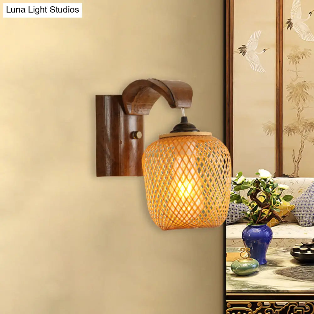 Japanese Hand Twisted Sconce Light In Brown With Bamboo Shade