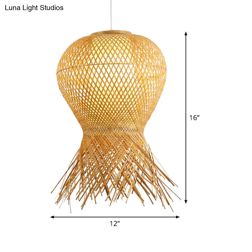 Japanese Handcrafted Bamboo Pendant Light In Beige - 1 Bulb Suspended Fixture