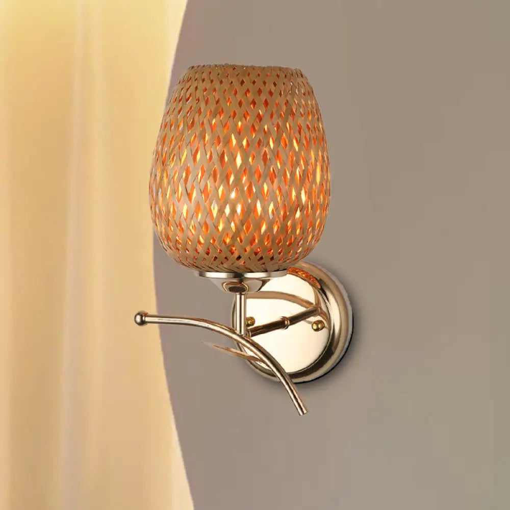 Japanese Handcrafted Bamboo Sconce Light - 1 Bulb Wall Mount In Brown For Stairway