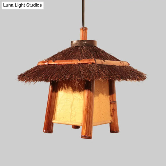 Japanese Handcrafted Pendant Wood Lamp - Brown Ceiling Suspension Light With 1 Bulb