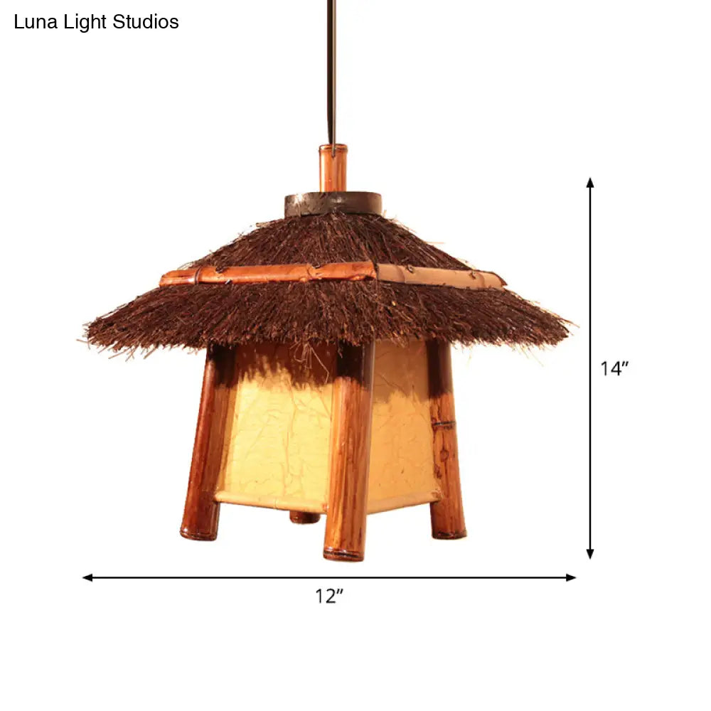 Japanese Handcrafted Pendant Wood Lamp - Brown Ceiling Suspension Light With 1 Bulb