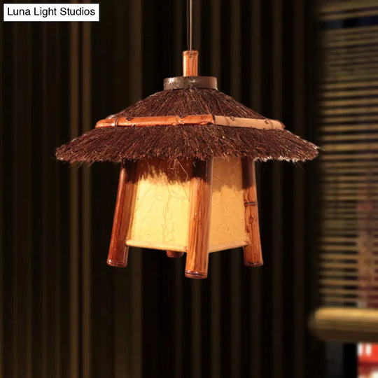 Japanese Handcrafted Pendant Wood Lamp - Brown Ceiling Suspension Light With 1 Bulb