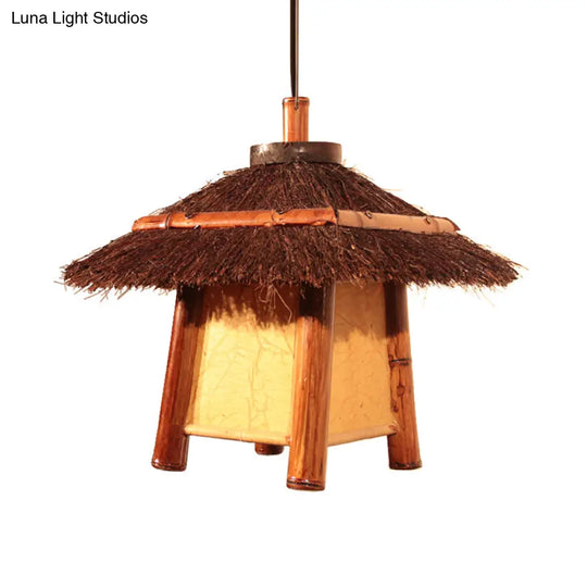 Japanese Handcrafted Pendant Wood Lamp - Brown Ceiling Suspension Light With 1 Bulb