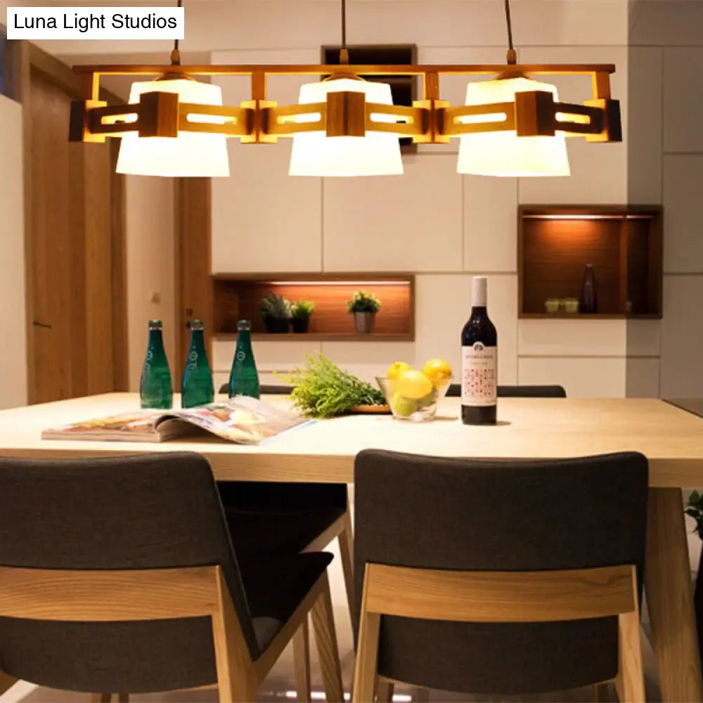 Japanese Hanging Light: Trapezoid Cream Glass 3-Bulb Pendant For Dining Room Or Kitchen Island Wood