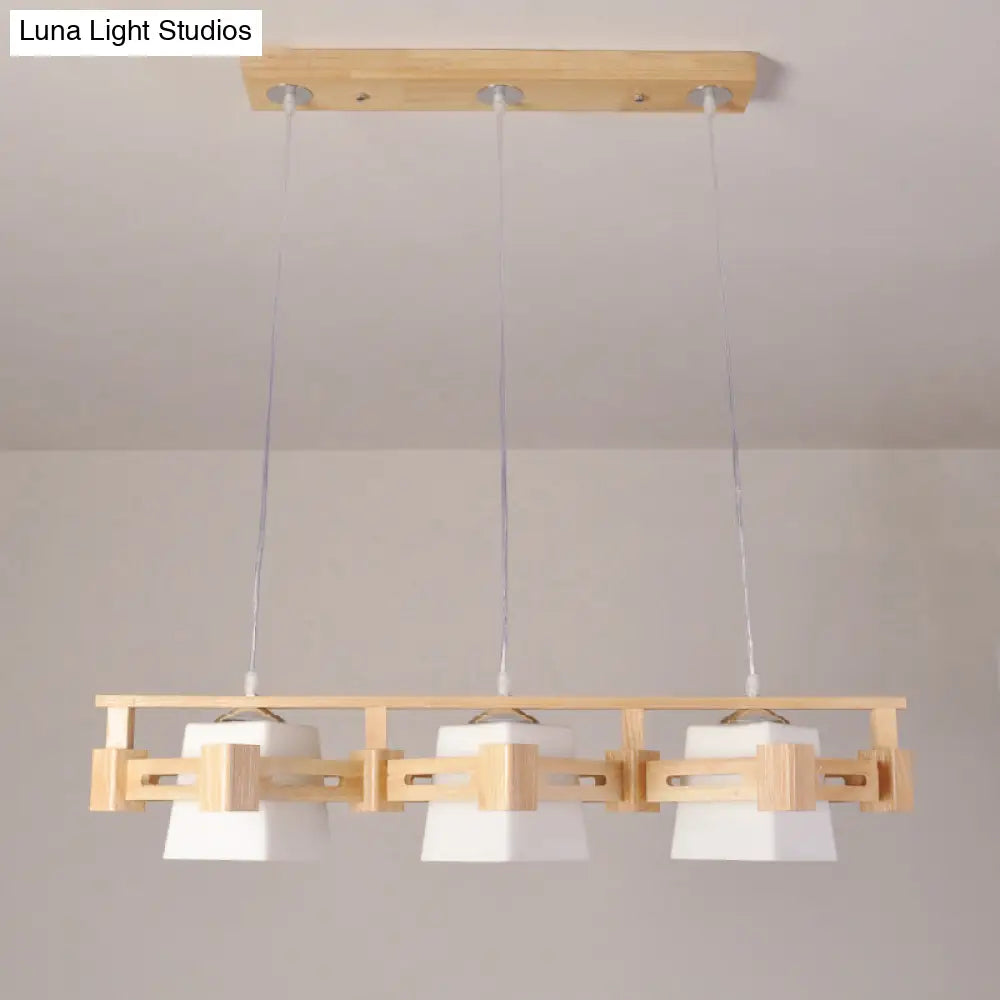 Japanese Hanging Light: Trapezoid Cream Glass 3-Bulb Pendant For Dining Room Or Kitchen Island Wood