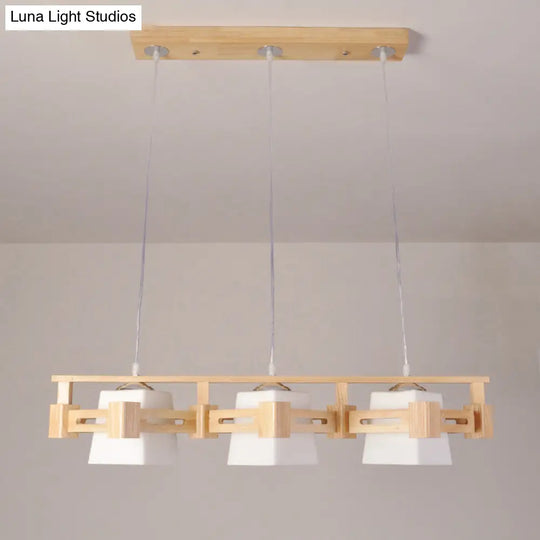 Japanese Hanging Light: Trapezoid Cream Glass 3-Bulb Pendant For Dining Room Or Kitchen Island Wood