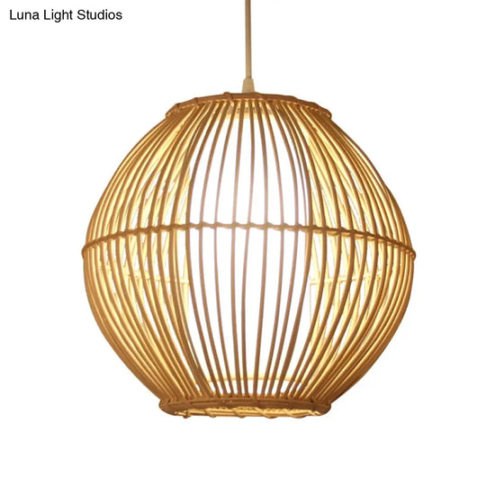 Japanese-Inspired Bamboo Pendant Light For Dining Room With Beige Curved Design And 1 Bulb