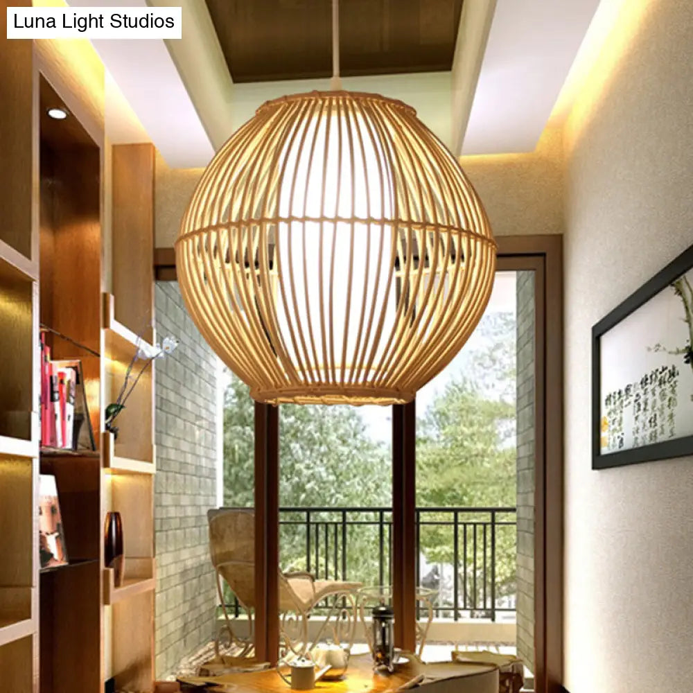 Japanese-Inspired Bamboo Pendant Light For Dining Room With Beige Curved Design And 1 Bulb