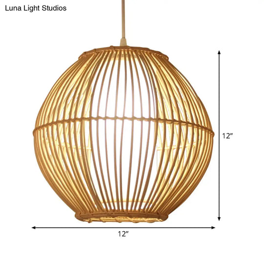 Japanese-Inspired Bamboo Pendant Light For Dining Room With Beige Curved Design And 1 Bulb