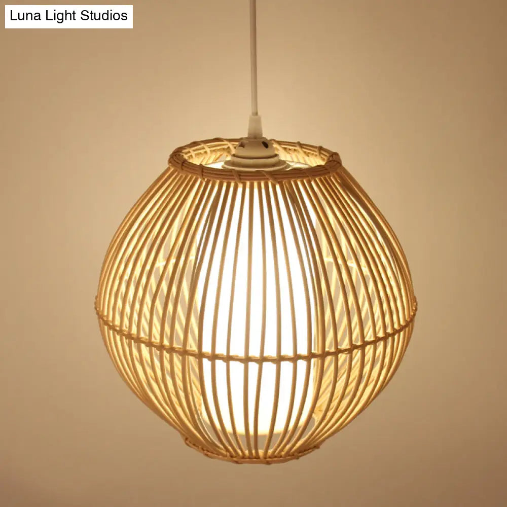 Japanese-Inspired Bamboo Pendant Light For Dining Room With Beige Curved Design And 1 Bulb