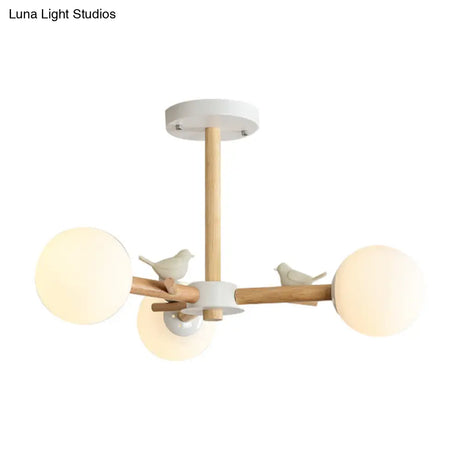 Japanese-Inspired Bedroom Chandelier With Orb Shade Birds Wood And Glass In White