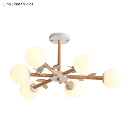 Japanese-Inspired Bedroom Chandelier With Orb Shade Birds Wood And Glass In White