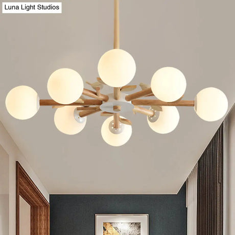 Japanese-Inspired Bedroom Chandelier With Orb Shade Birds Wood And Glass In White