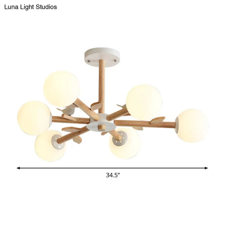 Japanese-Inspired Bedroom Chandelier With Orb Shade Birds Wood And Glass In White