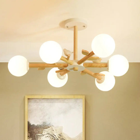 Japanese-Inspired Bedroom Chandelier With Orb Shade Birds Wood And Glass In White 6 /