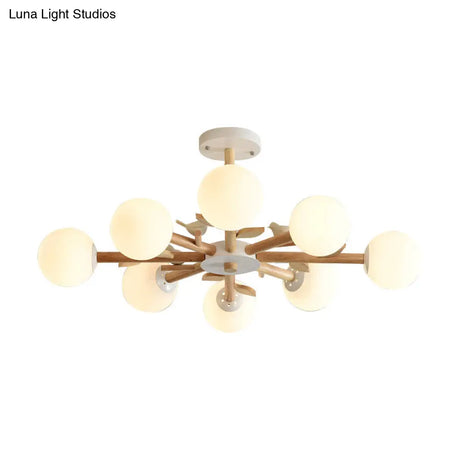 Japanese-Inspired Bedroom Chandelier With Orb Shade Birds Wood And Glass In White