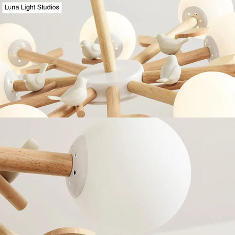 Japanese-Inspired Bedroom Chandelier With Orb Shade Birds Wood And Glass In White