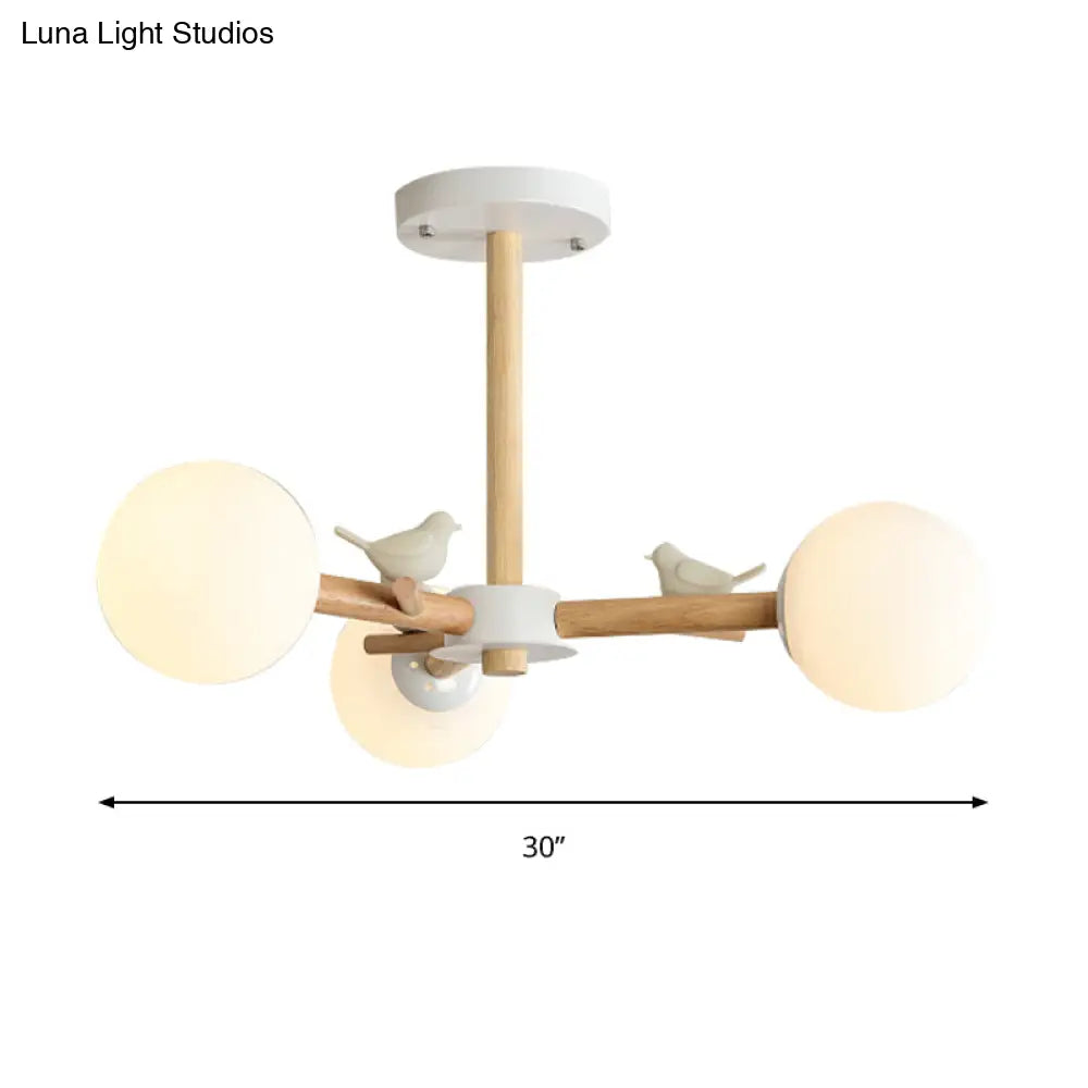 Japanese-Inspired Bedroom Chandelier With Orb Shade Birds Wood And Glass In White