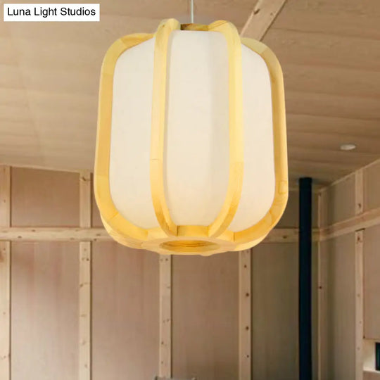 Japanese Lantern Wood Pendant Ceiling Lamp For Restaurants - Beige 1-Light Suspension