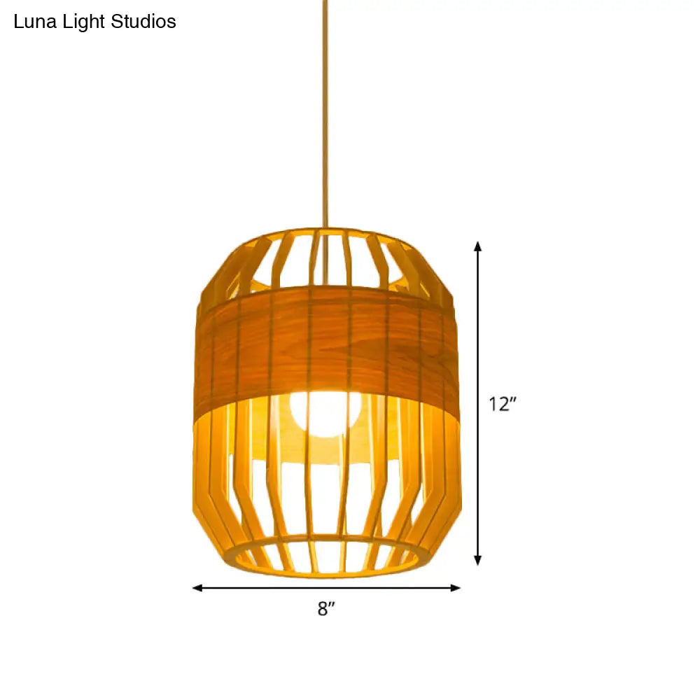 Japanese Laser Cut Hanging Light Wood Pendant With 1 Bulb In Beige - Ideal For Restaurants