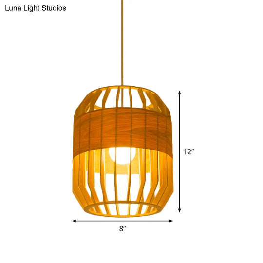 Japanese Laser Cut Hanging Light Wood Pendant With 1 Bulb In Beige - Ideal For Restaurants