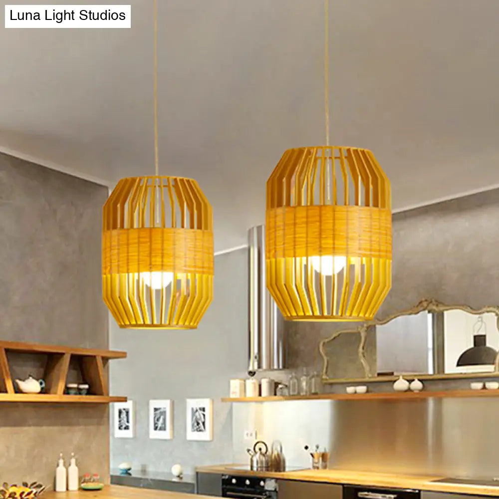 Japanese Laser Cut Hanging Light Wood Pendant With 1 Bulb In Beige - Ideal For Restaurants