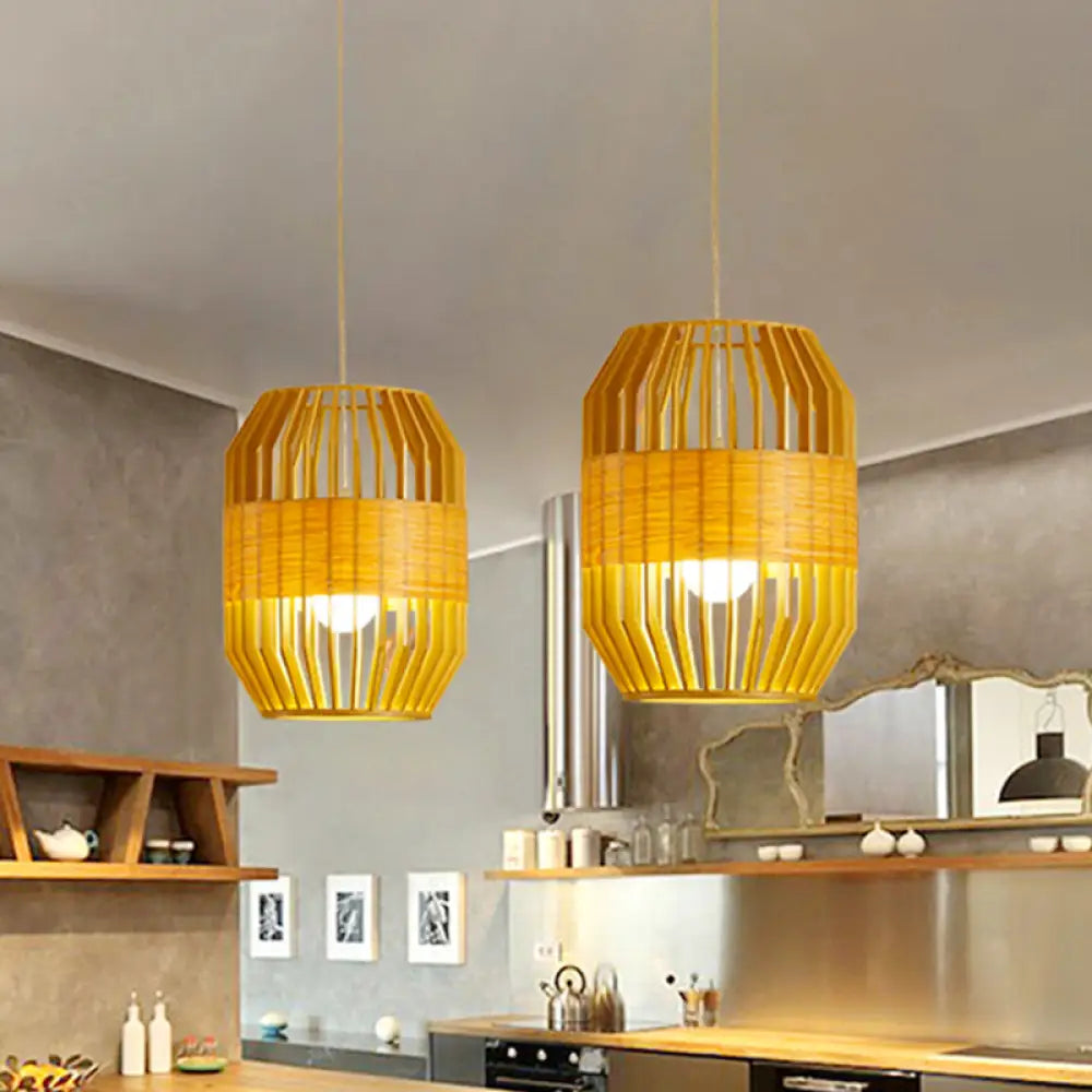 Japanese Laser Cut Hanging Light Wood Pendant With 1 Bulb In Beige - Ideal For Restaurants