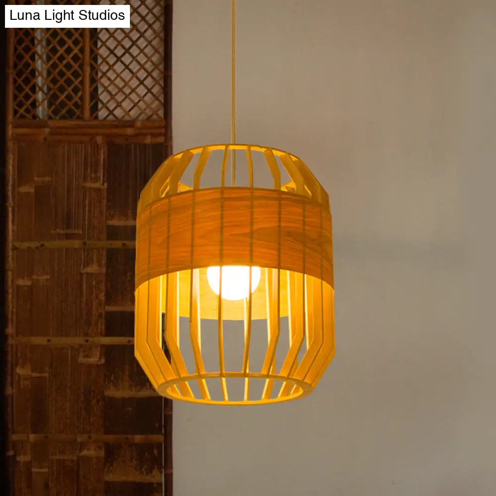 Japanese Laser Cut Hanging Light Wood Pendant With 1 Bulb In Beige - Ideal For Restaurants