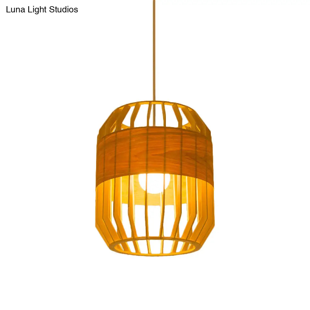 Japanese Laser Cut Hanging Light Wood Pendant With 1 Bulb In Beige - Ideal For Restaurants