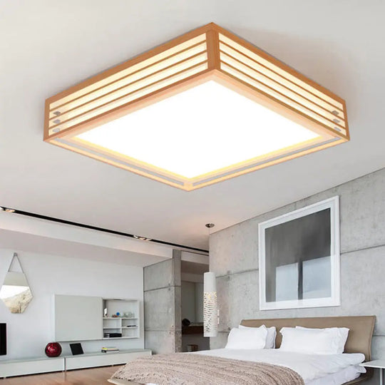 Japanese Led Flush Mount Ceiling Light For Bedroom - Wood Square Fixture / 14’ Natural