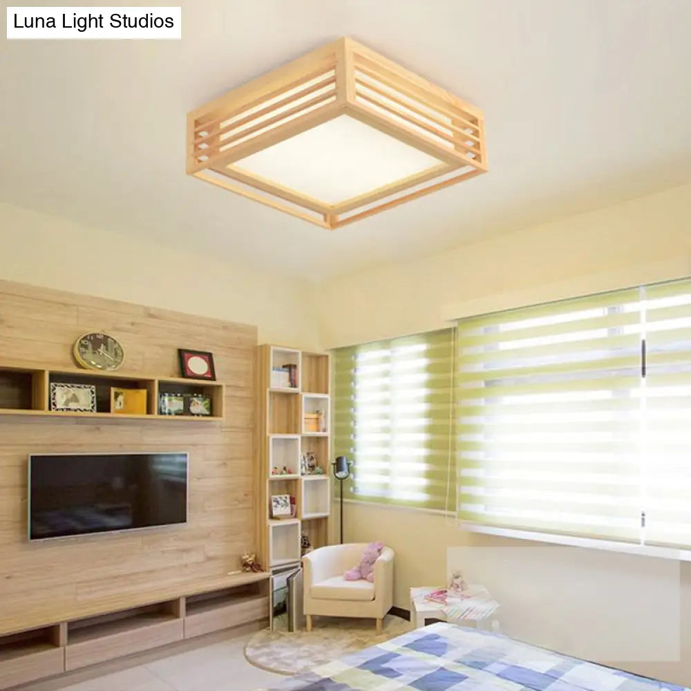 Japanese Led Flush Mount Ceiling Light For Bedroom - Wood Square Fixture