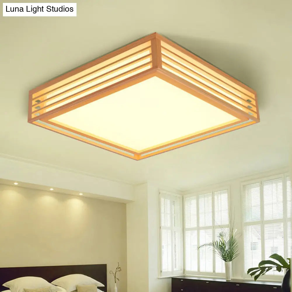 Japanese Led Flush Mount Ceiling Light For Bedroom - Wood Square Fixture