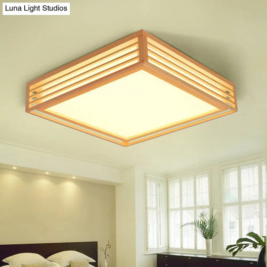 Japanese Led Flush Mount Ceiling Light For Bedroom - Wood Square Fixture