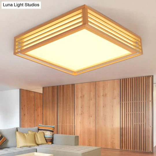 Japanese Led Flush Mount Ceiling Light For Bedroom - Wood Square Fixture