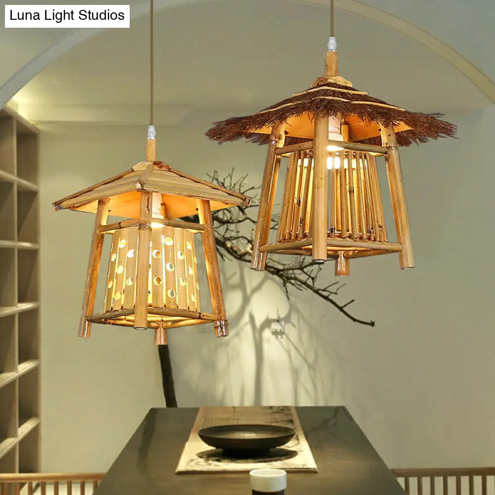 Japanese Pavilion Pendant Bamboo 1-Light Ceiling Light For Tea Room