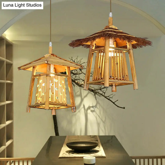 Japanese Pavilion Pendant Bamboo 1-Light Ceiling Light For Tea Room