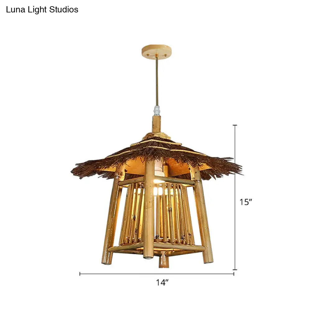 Japanese Pavilion Pendant Light - Bamboo 1-Light Tea Room Ceiling Fixture Wood / With Lace