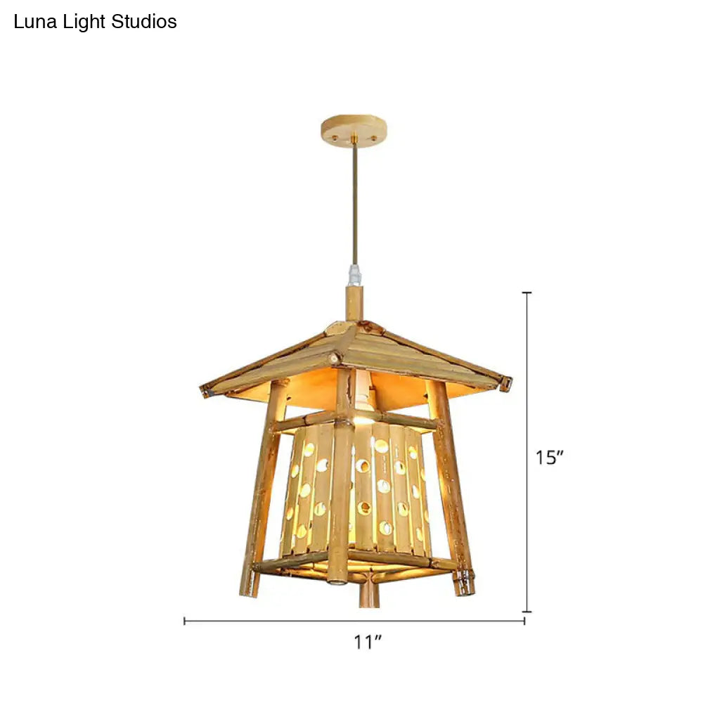 Japanese Pavilion Pendant Light - Bamboo 1-Light Tea Room Ceiling Fixture Wood / Regular