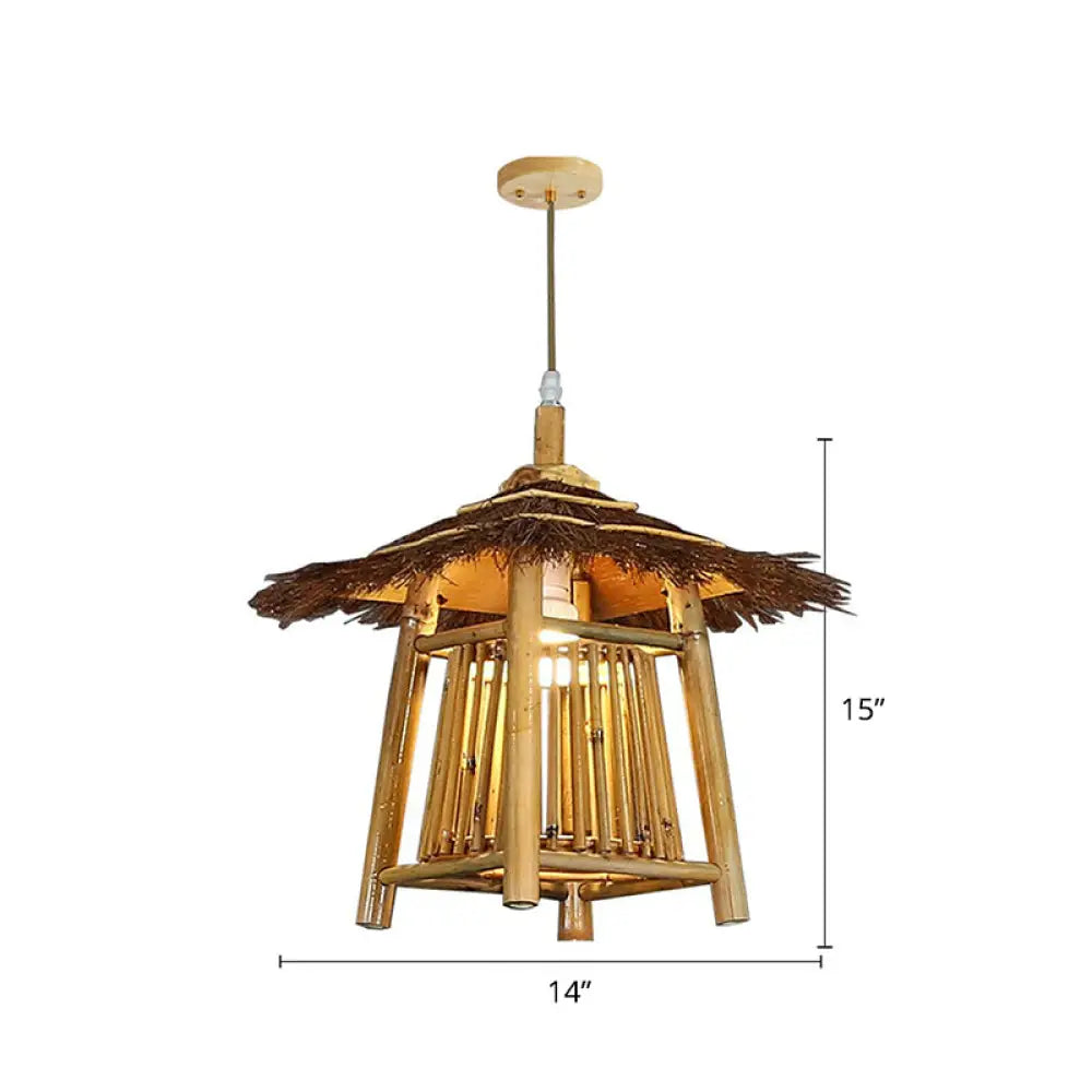 Japanese Pavilion Pendant Bamboo 1-Light Ceiling Light For Tea Room Wood / With Lace