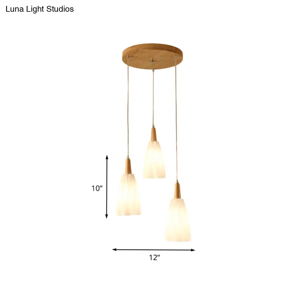 Japanese Prismatic Glass Pendant Lamp With 3 Lights And Wood Canopy