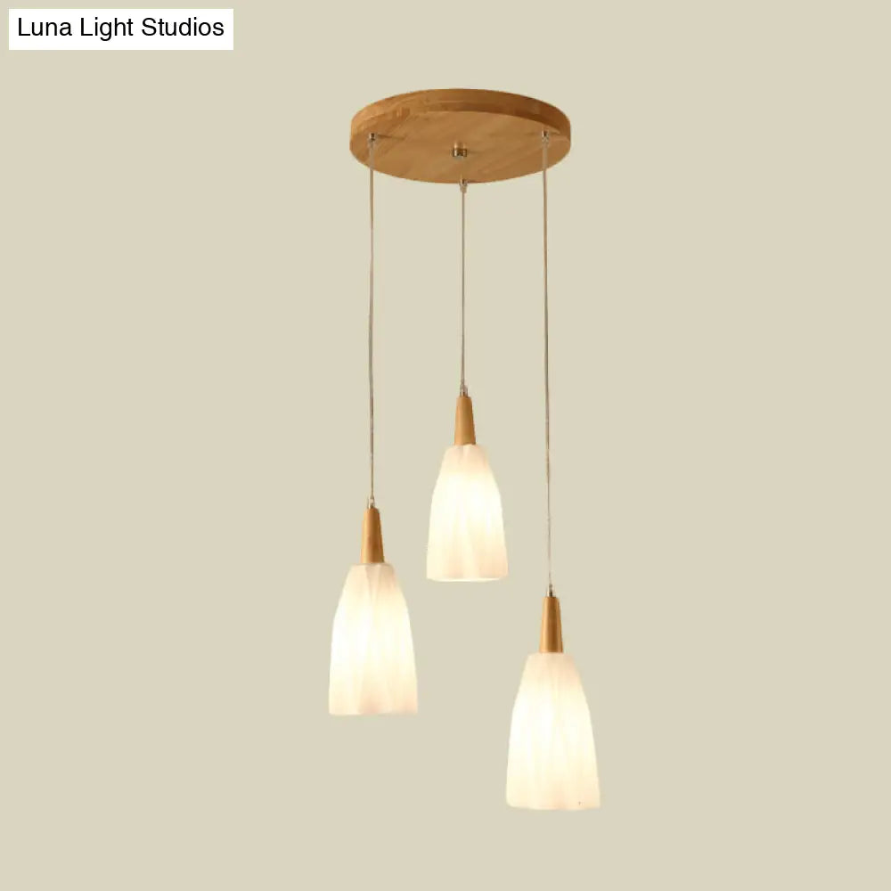 Japanese Prismatic Glass Pendant Lamp With 3 Lights And Wood Canopy