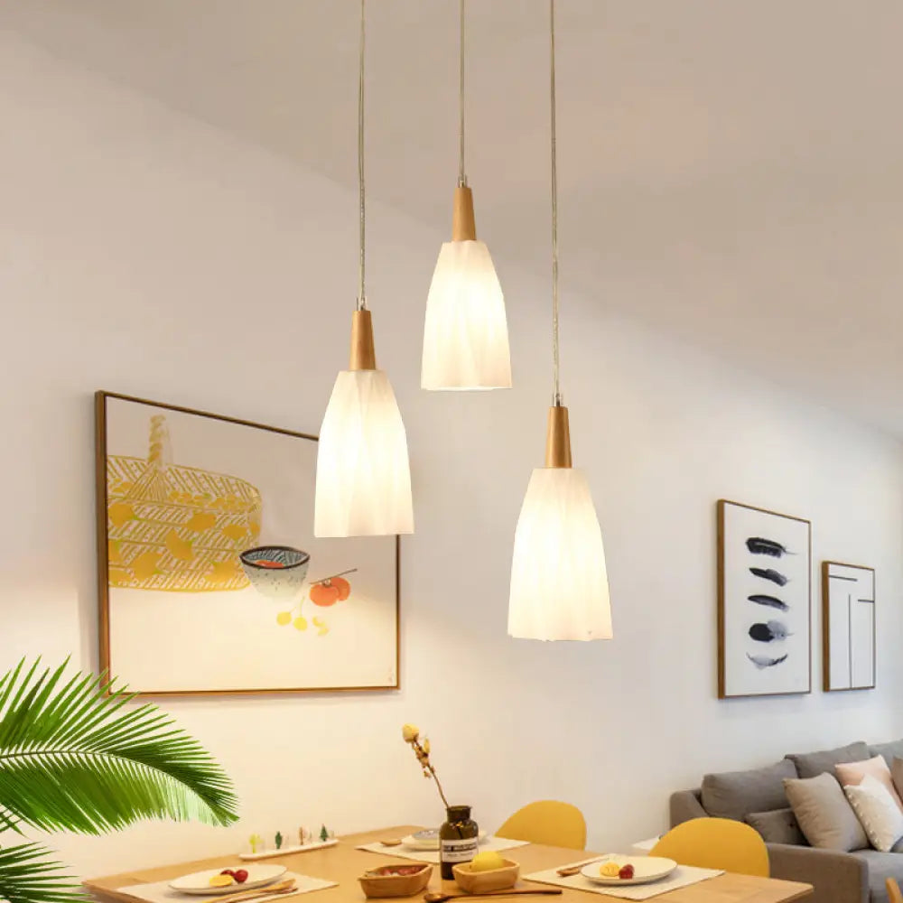 Japanese Prismatic Glass Pendant Lamp With 3 Lights And Wood Canopy White