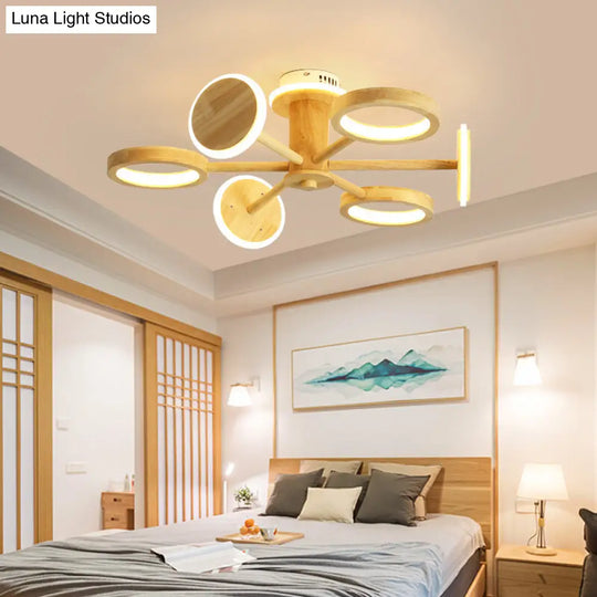 Japanese Wooden Radial Chandelier Led Light In Beige For Living Room 7 / Wood