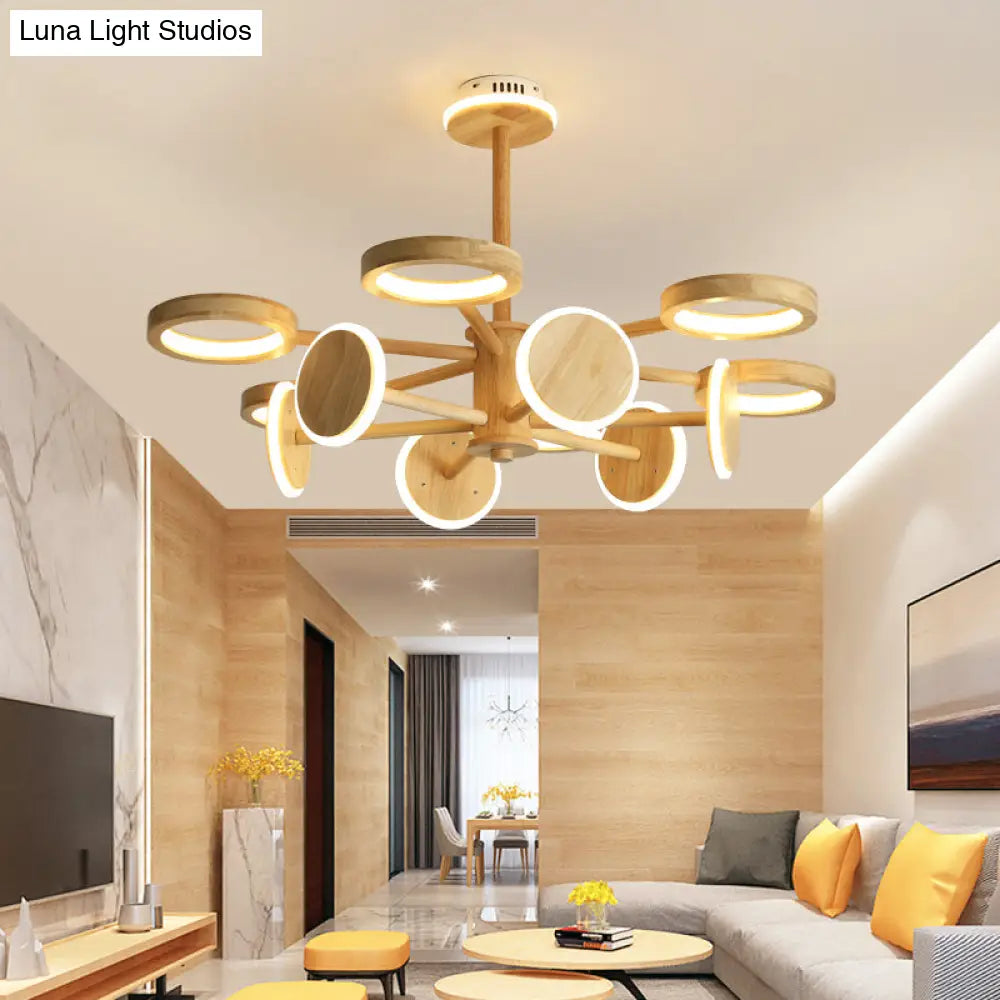 Japanese Radial Wooden Chandelier With Led Lights For Living Room Décor