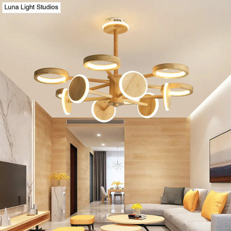 Japanese Radial Wooden Chandelier With Led Lights For Living Room Décor
