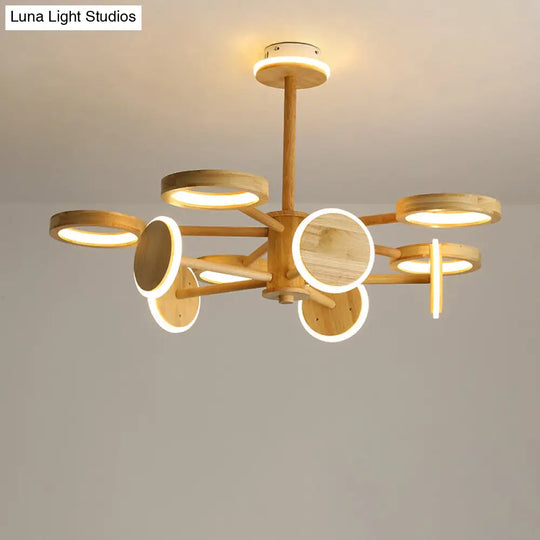Japanese Wooden Radial Chandelier Led Light In Beige For Living Room